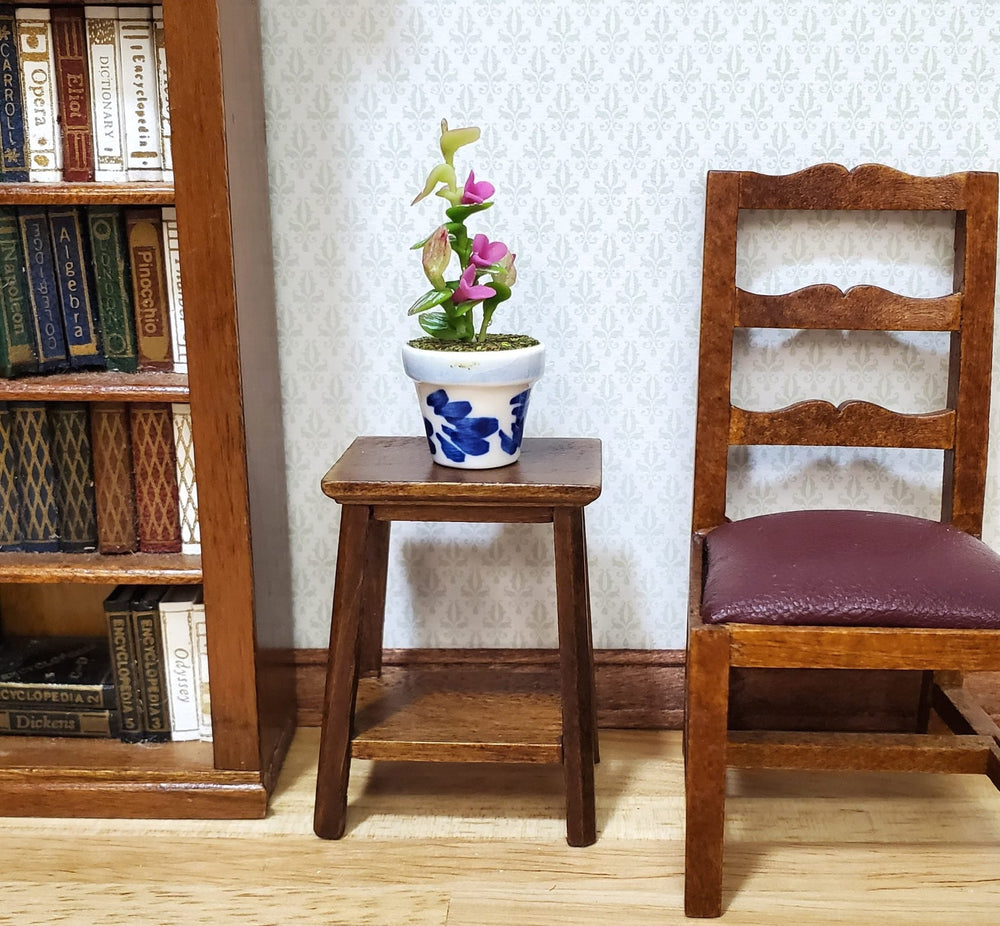 Dollhouse Potted Plant with Pink Flowers in Blue & White Pot 1:12 Scale Miniature - MiniatureCrush