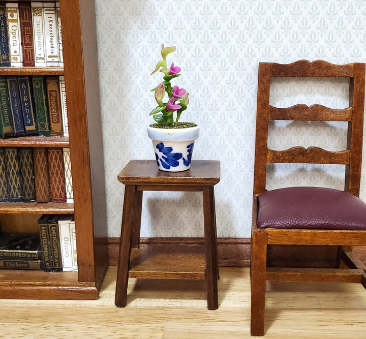 Dollhouse Potted Plant with Pink Flowers in Blue & White Pot 1:12 Scale Miniature - MiniatureCrush