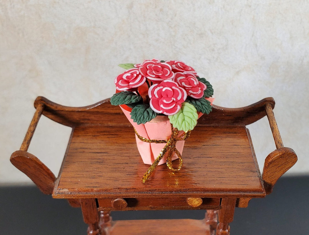 Dollhouse Potted Red Flowers in a Gift Wrapped Planter 1:12 Scale Miniature - MiniatureCrush