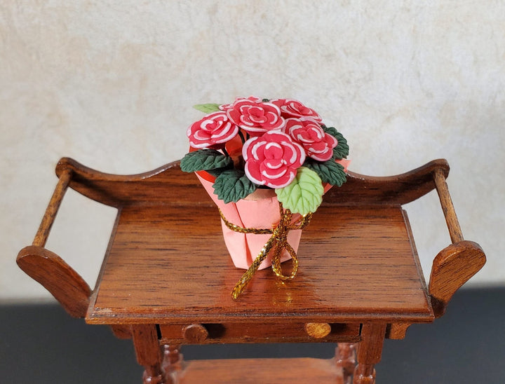 Dollhouse Potted Red Flowers in a Gift Wrapped Planter 1:12 Scale Miniature - MiniatureCrush