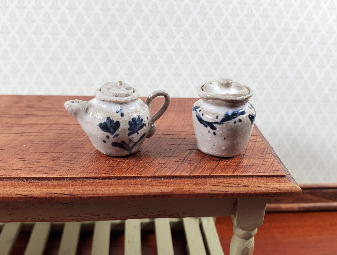 Dollhouse Pottery Teapot and Crock with Lid 1:12 Scale Miniatures by Sugar Loaf - Miniature Crush