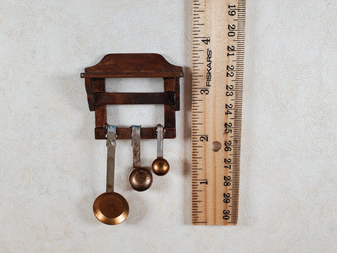 Dollhouse Primitive Pans Scoops Ladles on Wood Shelf 1:12 Scale Miniature Set - MiniatureCrush