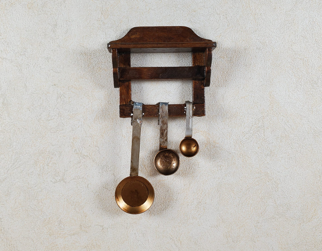 Dollhouse Primitive Pans Scoops Ladles on Wood Shelf 1:12 Scale Miniature Set - MiniatureCrush