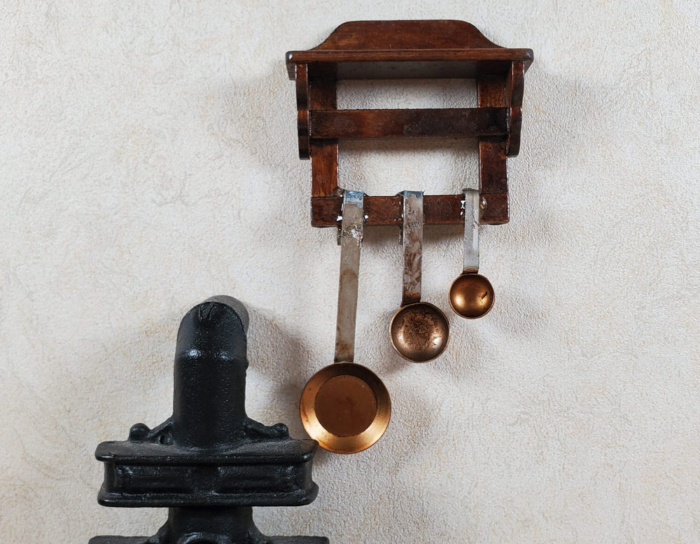 Dollhouse Primitive Pans Scoops Ladles on Wood Shelf 1:12 Scale Miniature Set - MiniatureCrush