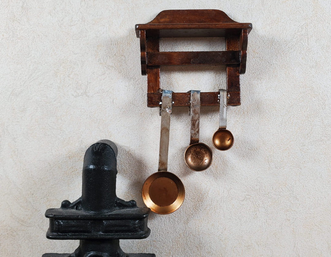 Dollhouse Primitive Pans Scoops Ladles on Wood Shelf 1:12 Scale Miniature Set - MiniatureCrush