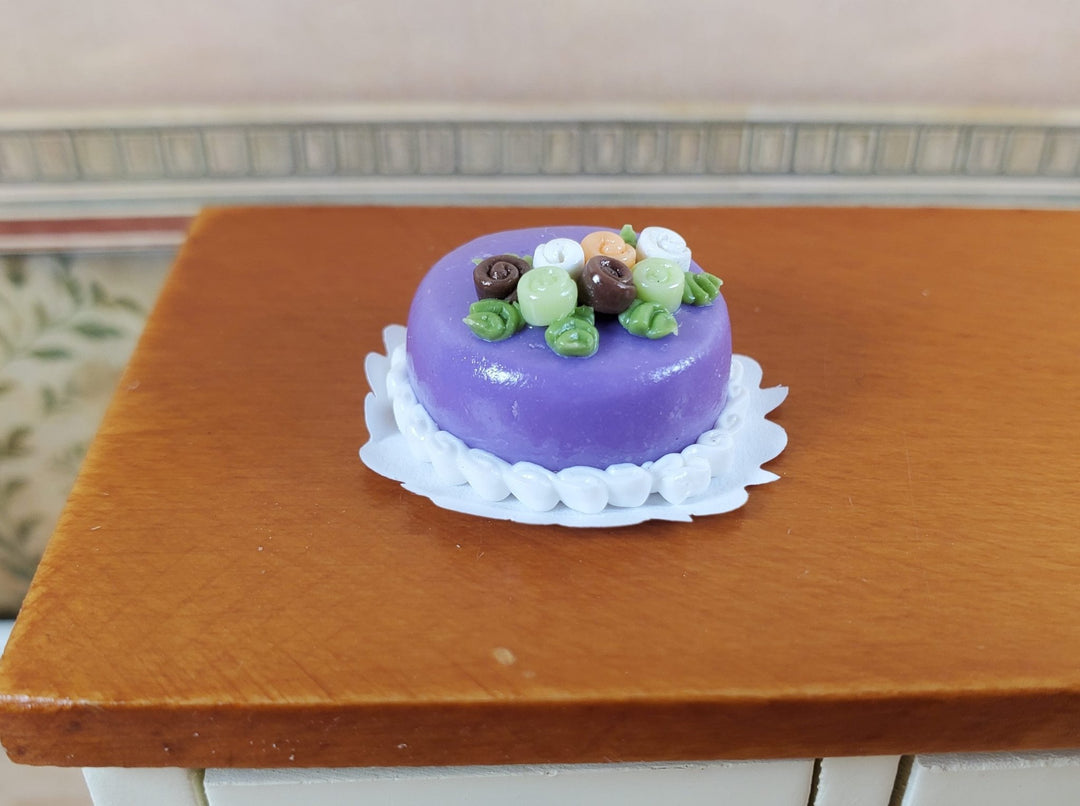 Dollhouse Purple Cake with Rose Decorations 1:12 Scale Miniature Dessert - MiniatureCrush