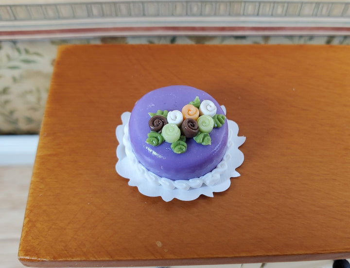 Dollhouse Purple Cake with Rose Decorations 1:12 Scale Miniature Dessert - MiniatureCrush