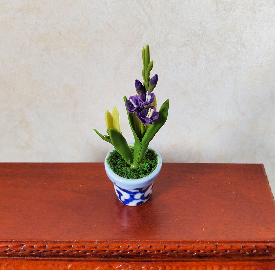 Dollhouse Purple Gladiolas in Blue & White Ceramic Pot 1:12 Scale Miniature - MiniatureCrush