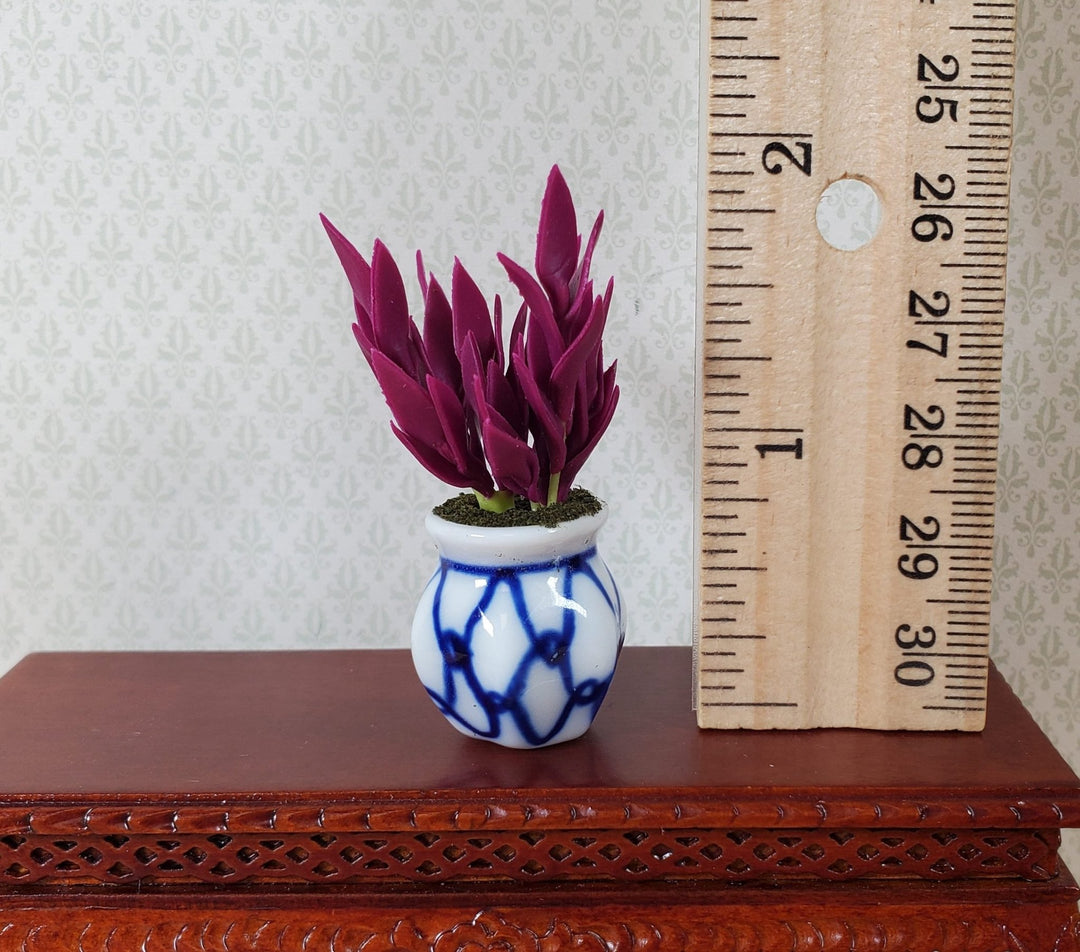 Dollhouse Purple Houseplant in Blue and White Ceramic Pot 1:12 Scale Miniature - MiniatureCrush