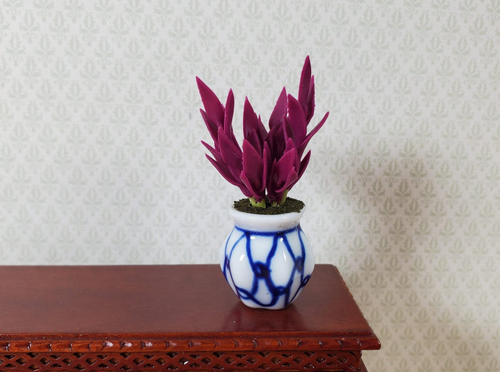 Dollhouse Purple Houseplant in Blue and White Ceramic Pot 1:12 Scale Miniature - MiniatureCrush