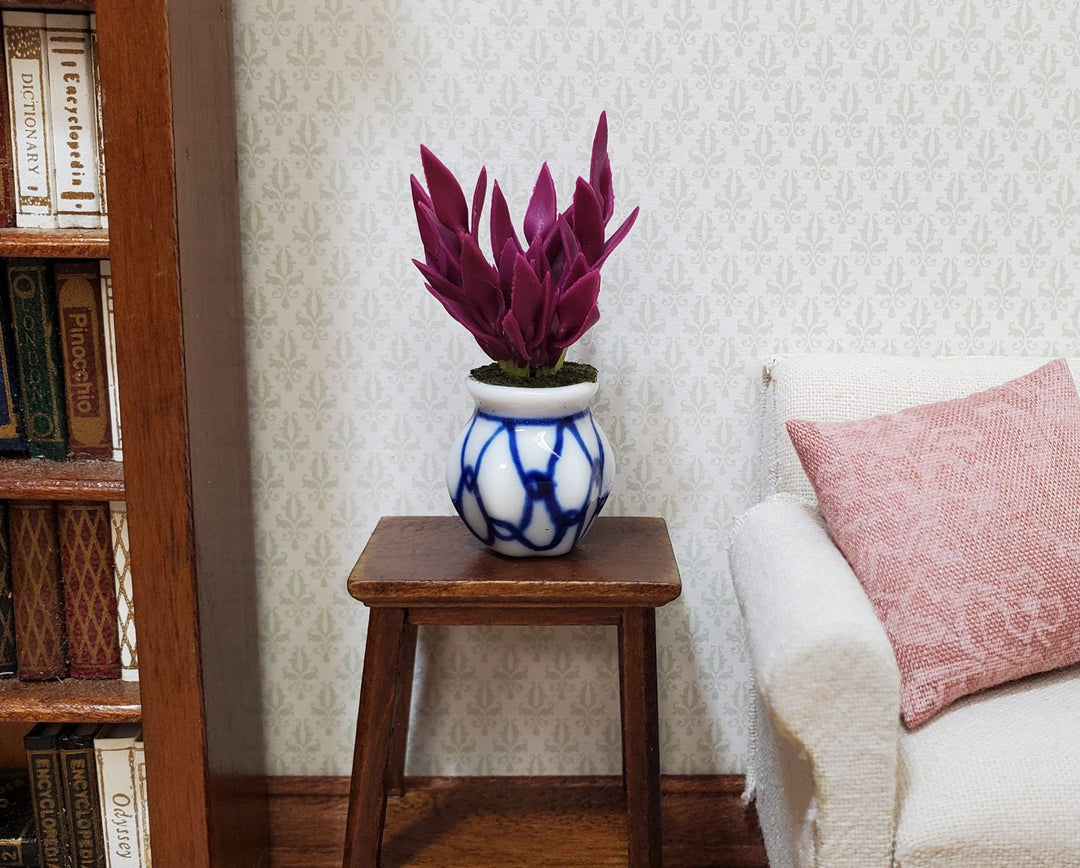Dollhouse Purple Houseplant in Blue and White Ceramic Pot 1:12 Scale Miniature - MiniatureCrush