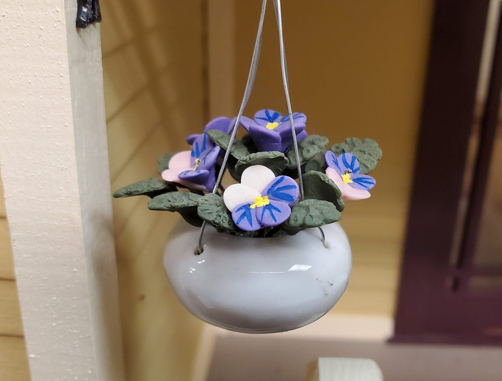 Dollhouse Purple Pansies in a Hanging White Planter 1:12 Scale Miniature Garden - MiniatureCrush