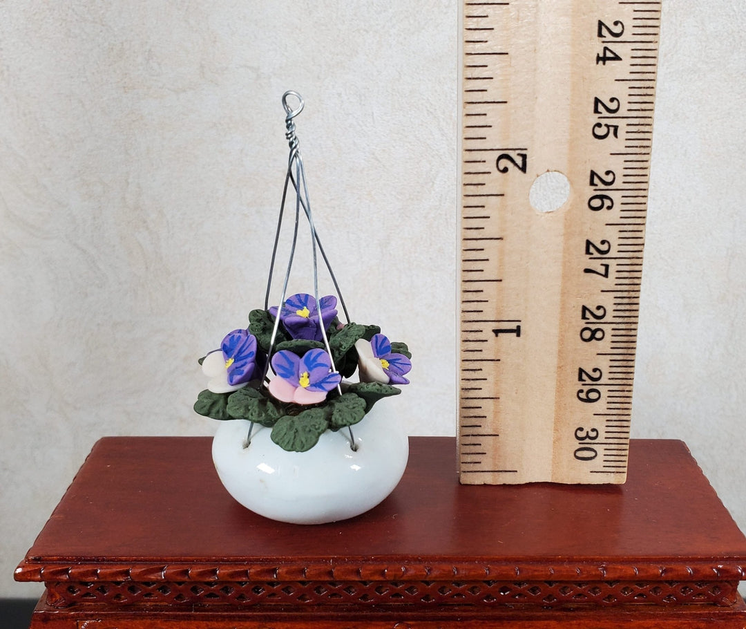 Dollhouse Purple Pansies in a Hanging White Planter 1:12 Scale Miniature Garden - MiniatureCrush