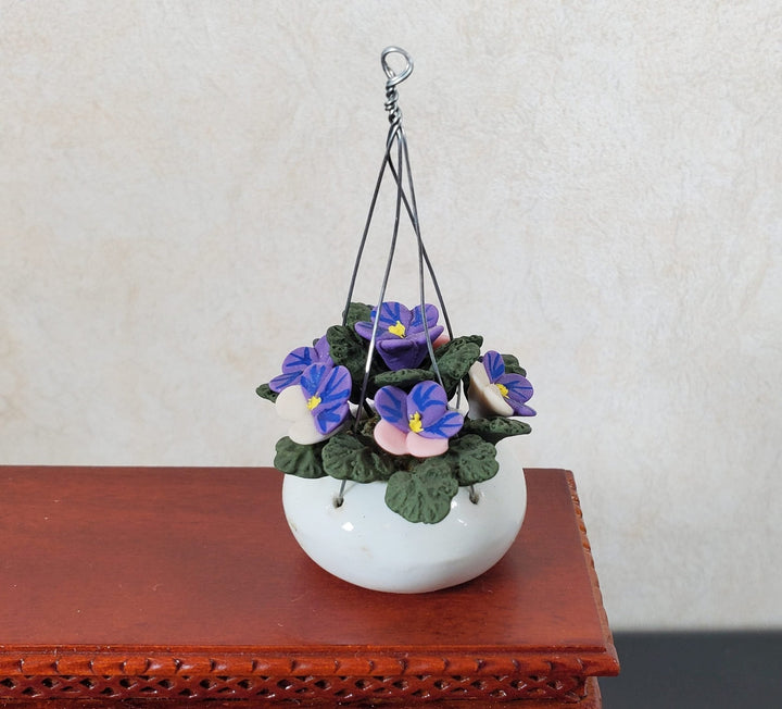 Dollhouse Purple Pansies in a Hanging White Planter 1:12 Scale Miniature Garden - MiniatureCrush