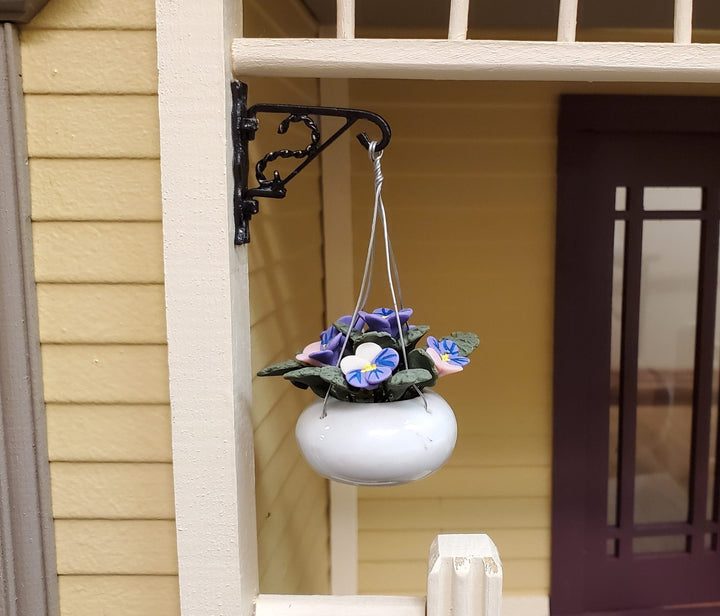 Dollhouse Purple Pansies in a Hanging White Planter 1:12 Scale Miniature Garden - MiniatureCrush