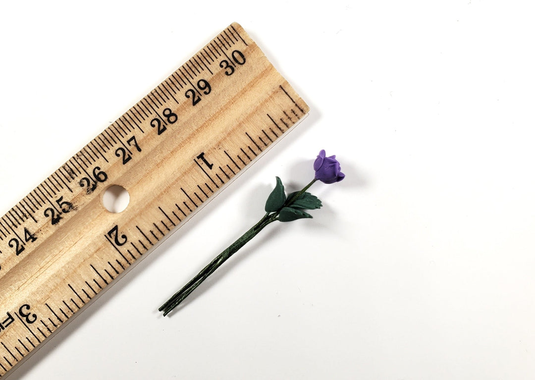 Dollhouse Purple Rose Flower Single Stem with Foliage 1:12 Scale Miniature - MiniatureCrush