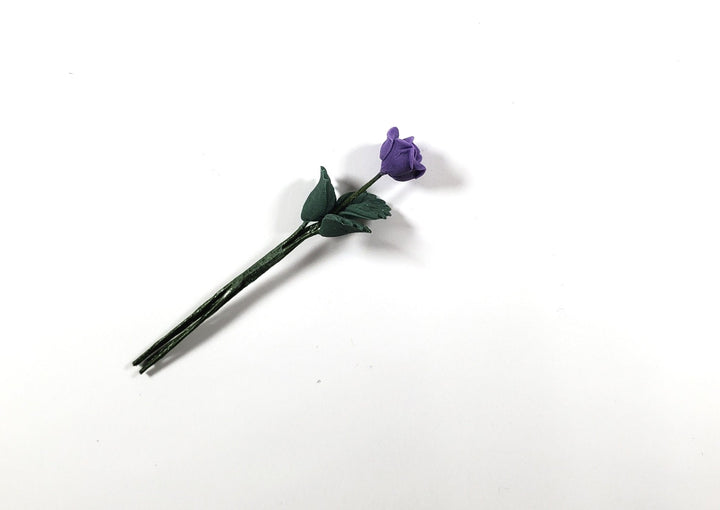 Dollhouse Purple Rose Flower Single Stem with Foliage 1:12 Scale Miniature - MiniatureCrush