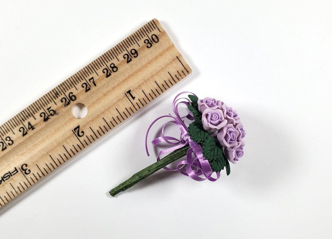 Dollhouse Purple Roses Bridal Bouquet with Purple Ribbons 1:12 Scale Miniature - MiniatureCrush