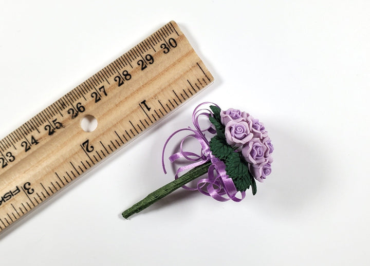 Dollhouse Purple Roses Bridal Bouquet with Purple Ribbons 1:12 Scale Miniature - MiniatureCrush