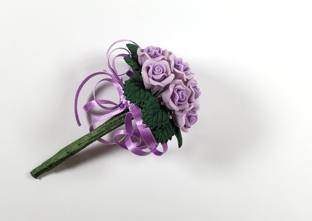 Dollhouse Purple Roses Bridal Bouquet with Purple Ribbons 1:12 Scale Miniature - MiniatureCrush