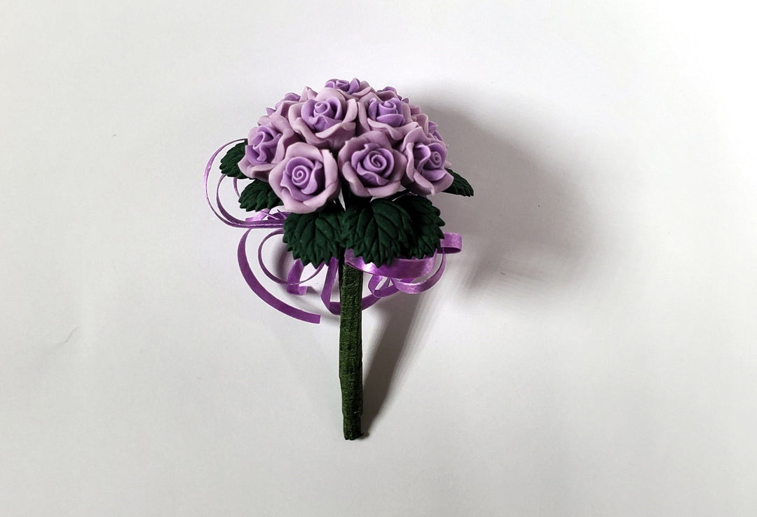 Dollhouse Purple Roses Bridal Bouquet with Purple Ribbons 1:12 Scale Miniature - MiniatureCrush