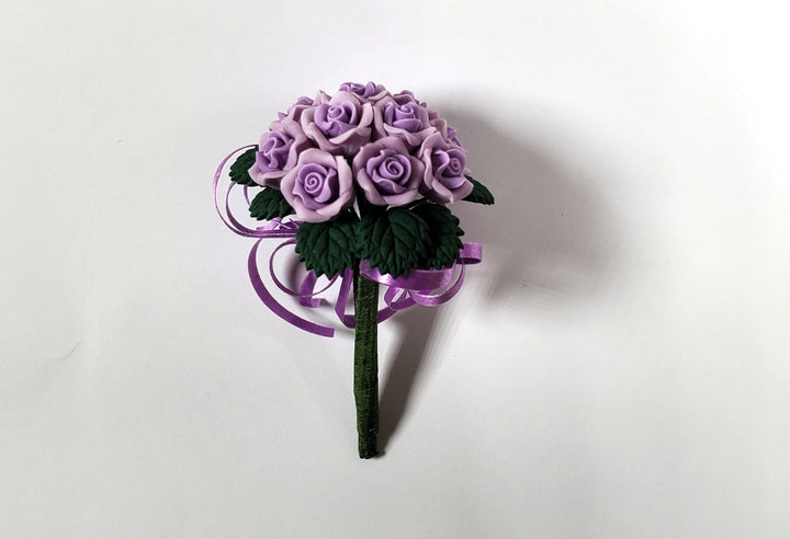 Dollhouse Purple Roses Bridal Bouquet with Purple Ribbons 1:12 Scale Miniature - MiniatureCrush