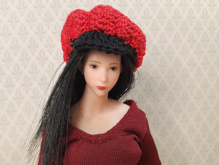 Dollhouse Rastafarian Cap Crocheted Red & Black 1:12 Scale Miniature - MiniatureCrush