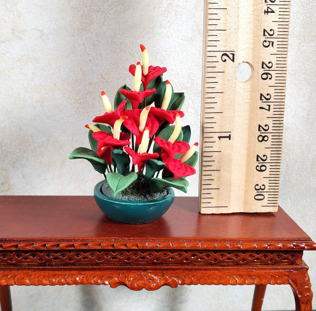 Dollhouse Red Anthurium Plant in Dark Green Bowl 1:12 Scale Miniature - MiniatureCrush