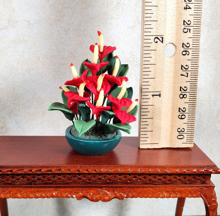 Dollhouse Red Anthurium Plant in Dark Green Bowl 1:12 Scale Miniature - MiniatureCrush
