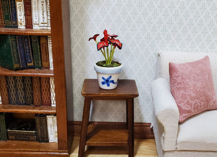 Dollhouse Red Caladium Plant in a Blue & White Ceramic 1:12 Scale Miniature - MiniatureCrush