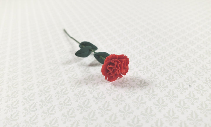 Dollhouse Red Carnation Single Stem with Foliage 1:12 Scale Miniature - MiniatureCrush