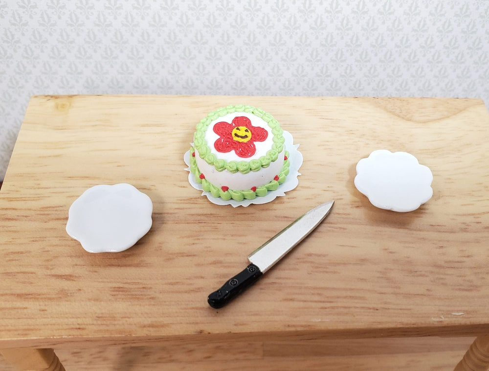 Dollhouse Red Flower Cake with Green Piping 1:12 Scale Miniature Dessert Bakery - MiniatureCrush