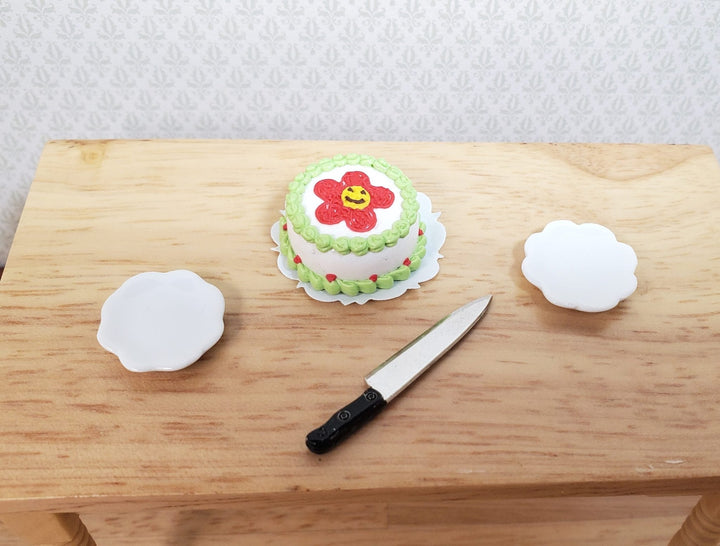 Dollhouse Red Flower Cake with Green Piping 1:12 Scale Miniature Dessert Bakery - MiniatureCrush