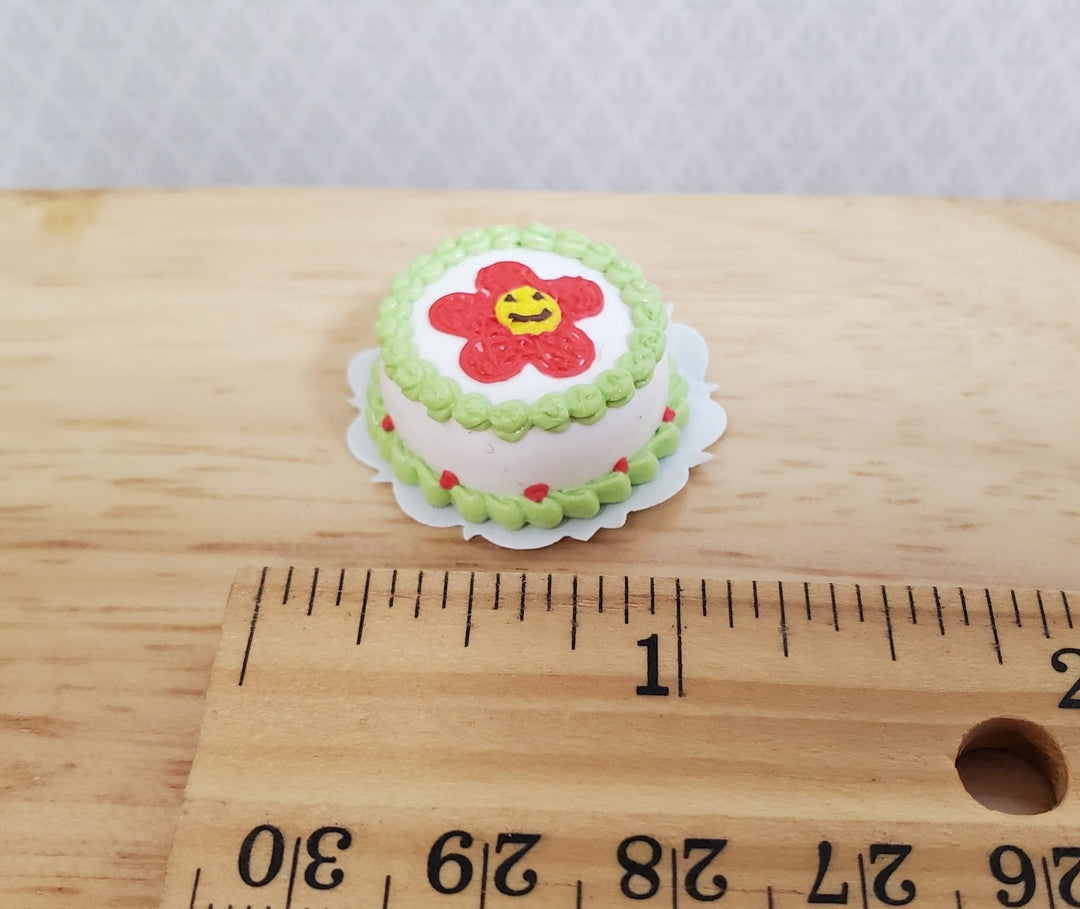 Dollhouse Red Flower Cake with Green Piping 1:12 Scale Miniature Dessert Bakery - MiniatureCrush