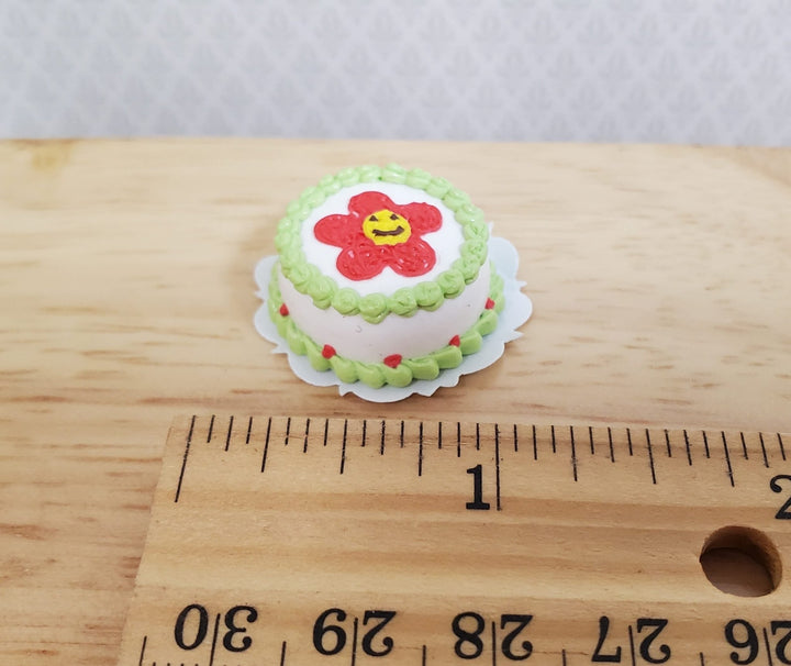 Dollhouse Red Flower Cake with Green Piping 1:12 Scale Miniature Dessert Bakery - MiniatureCrush