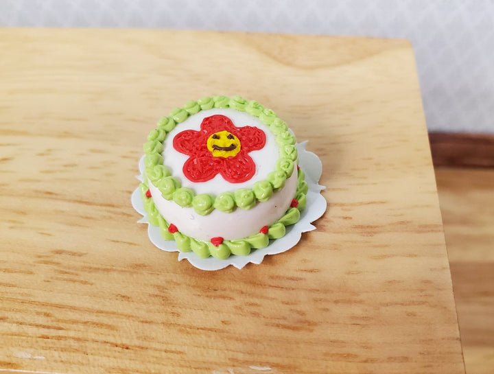 Dollhouse Red Flower Cake with Green Piping 1:12 Scale Miniature Dessert Bakery - MiniatureCrush