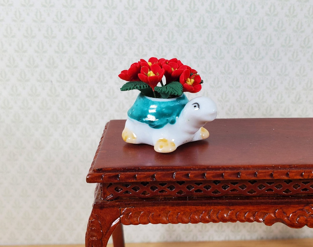 Dollhouse Red Flowers in Green Turtle Planter Pot Ceramic 1:12 Scale Miniature - MiniatureCrush