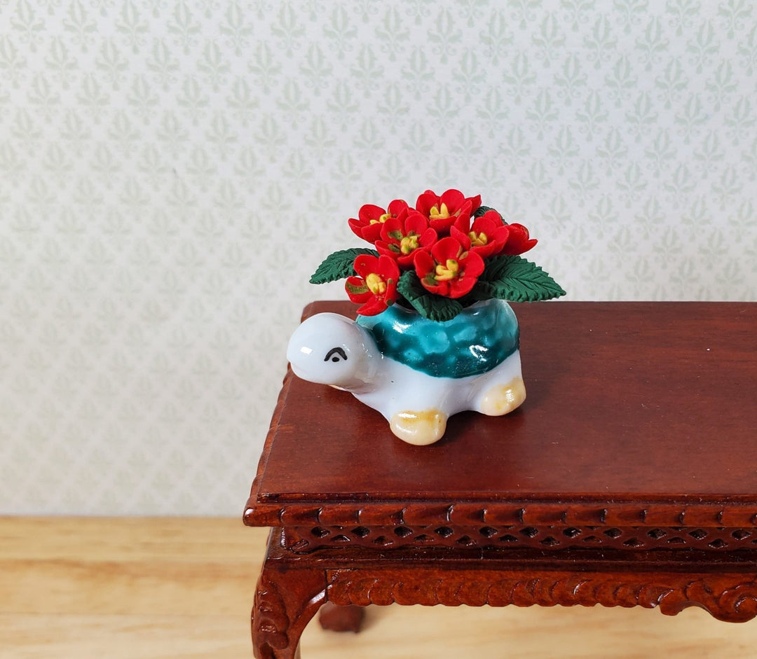 Dollhouse Red Flowers in Green Turtle Planter Pot Ceramic 1:12 Scale Miniature - MiniatureCrush