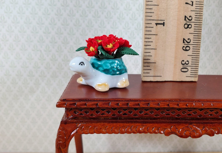 Dollhouse Red Flowers in Green Turtle Planter Pot Ceramic 1:12 Scale Miniature - MiniatureCrush