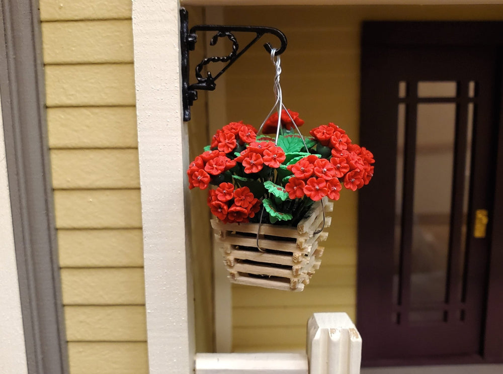 Dollhouse Red Geraniums in a Wood Hanging Basket 1:12 Scale Miniature - MiniatureCrush