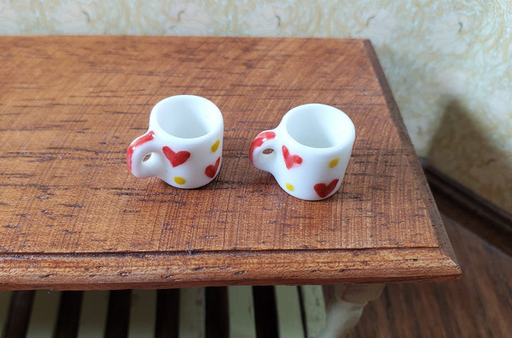 Dollhouse Red Heart & Gold Dots Porcelain Mug Set of 2 1:12 Scale Miniature - MiniatureCrush