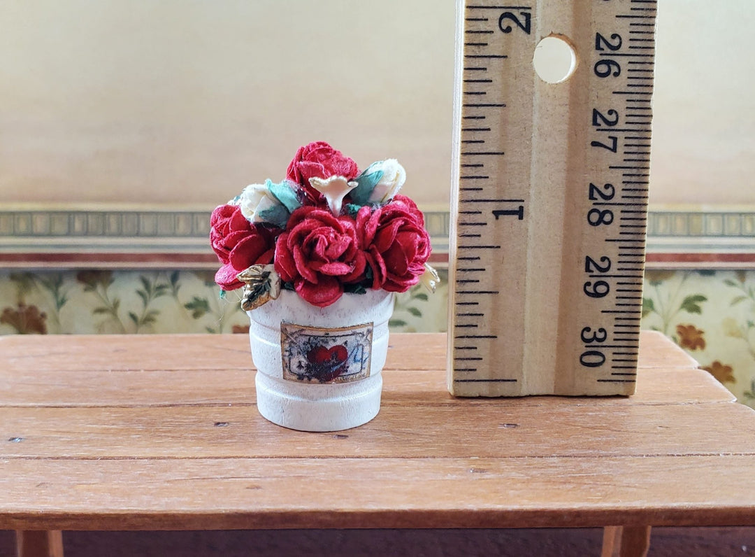 Dollhouse Red Paper Roses in Wooden Bucket Handmade 1:12 Scale Miniature - MiniatureCrush