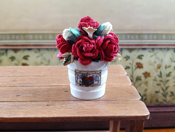Dollhouse Red Paper Roses in Wooden Bucket Handmade 1:12 Scale Miniature - MiniatureCrush