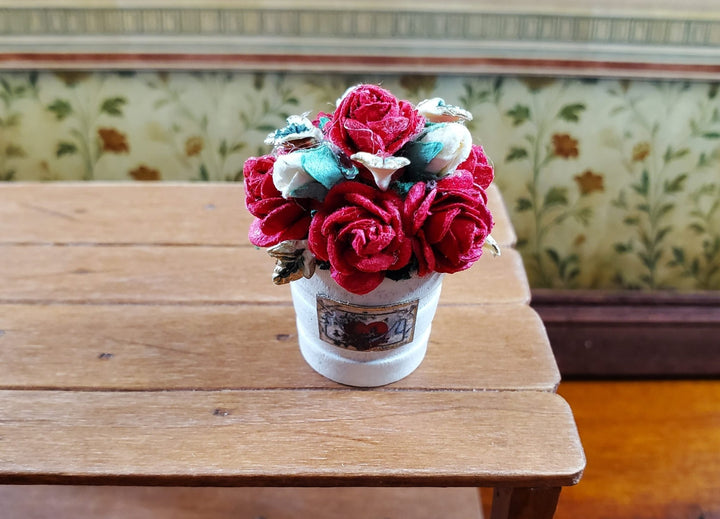 Dollhouse Red Paper Roses in Wooden Bucket Handmade 1:12 Scale Miniature - MiniatureCrush