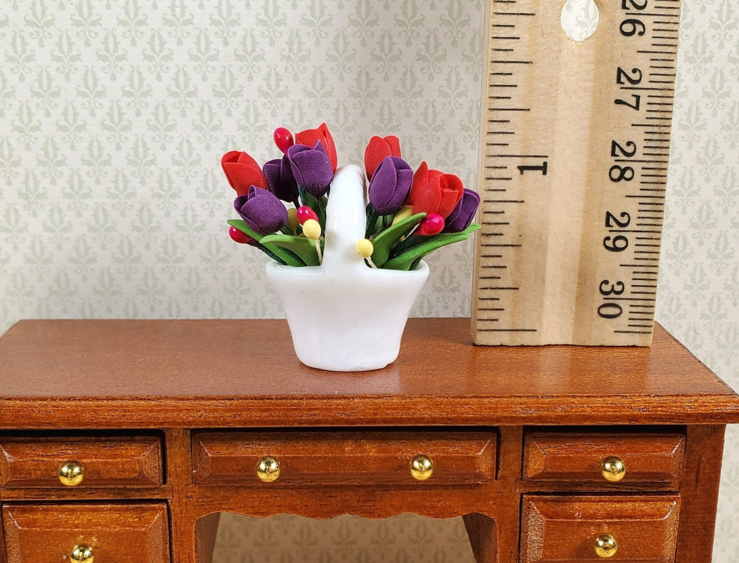 Dollhouse Red & Purple Tulips in a Ceramic Basket 1:12 Scale Miniature - MiniatureCrush