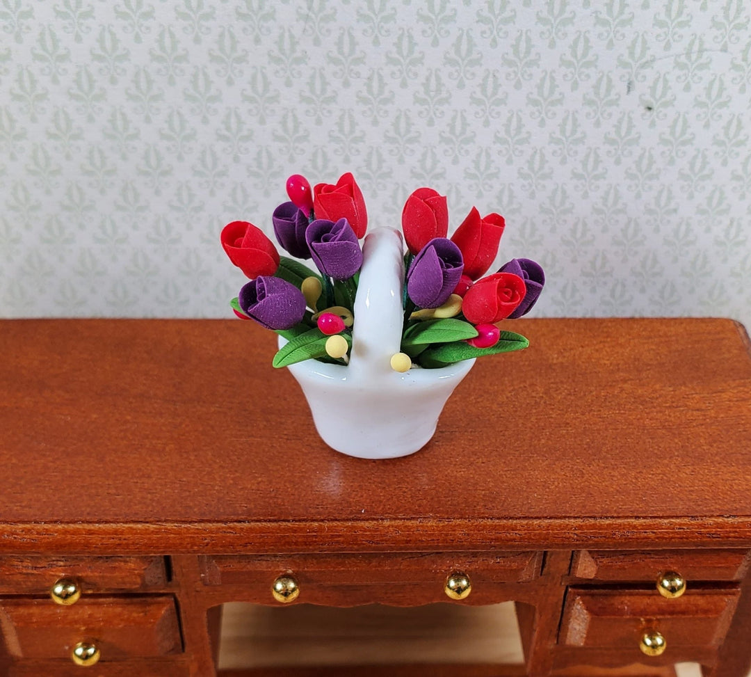Dollhouse Red & Purple Tulips in a Ceramic Basket 1:12 Scale Miniature - MiniatureCrush