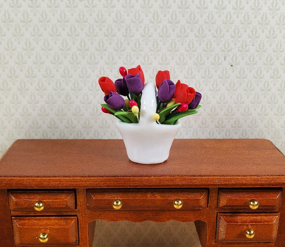 Dollhouse Red & Purple Tulips in a Ceramic Basket 1:12 Scale Miniature - MiniatureCrush