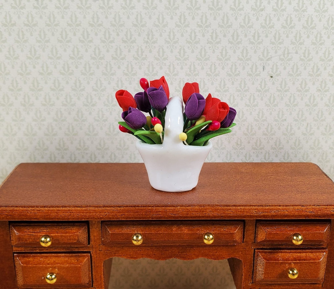 Dollhouse Red & Purple Tulips in a Ceramic Basket 1:12 Scale Miniature - MiniatureCrush
