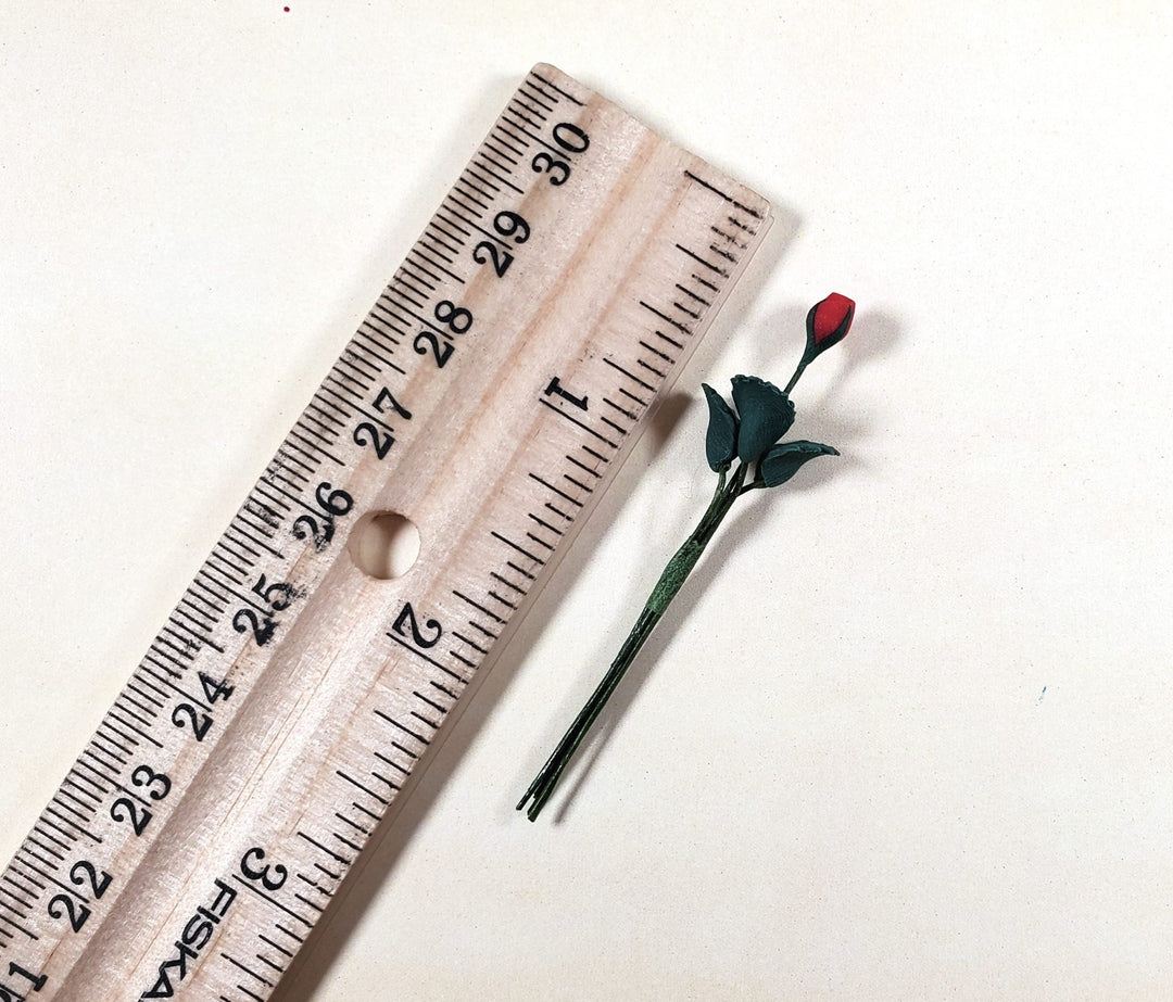 Dollhouse Red Rose Bud Single Stem with Foliage 1:12 Scale Miniature - MiniatureCrush