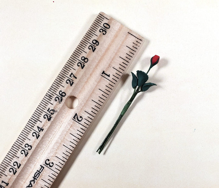 Dollhouse Red Rose Bud Single Stem with Foliage 1:12 Scale Miniature - MiniatureCrush